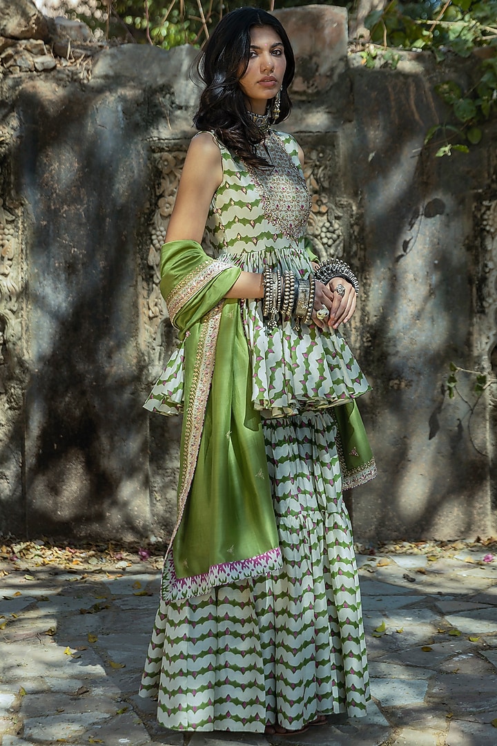 Mint Green Silk Chanderi Gharara Set by Punit Balana at Pernia's Pop Up Shop