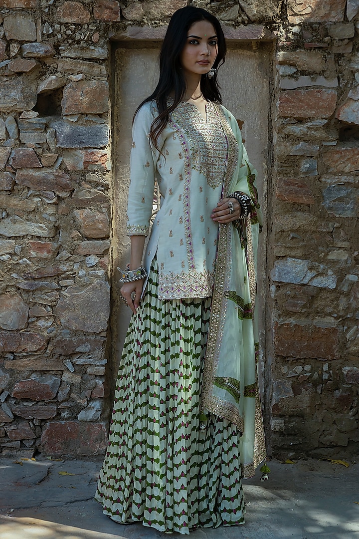 Mint Green Silk Chanderi Embroidered Sharara Set by Punit Balana