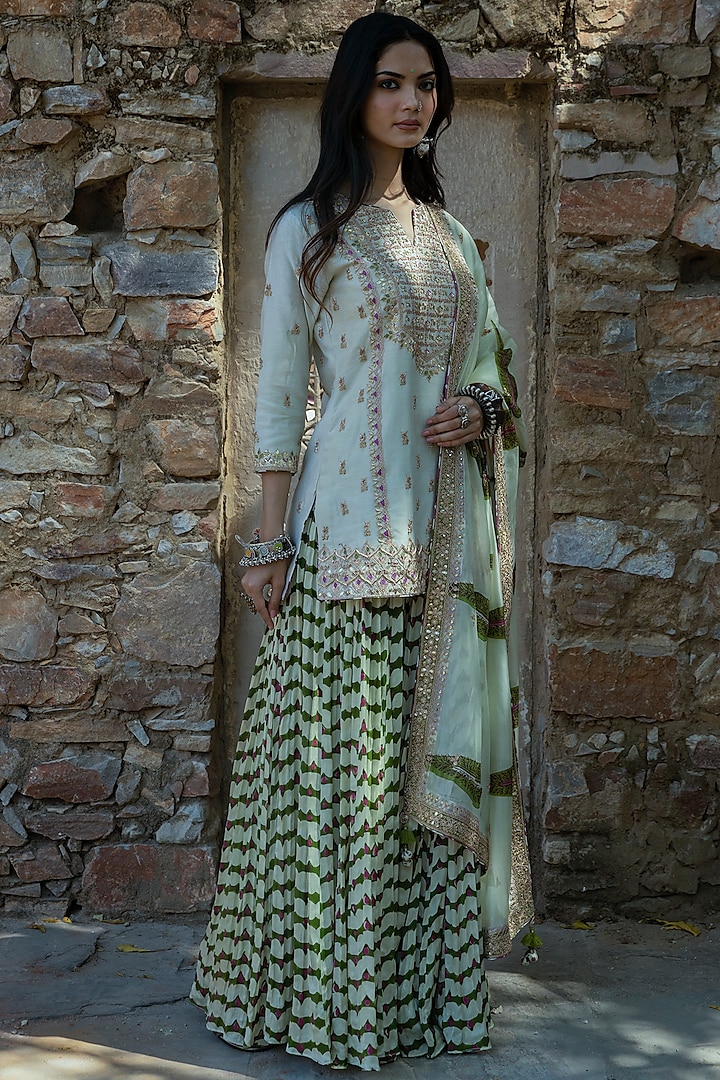 Mint Green Silk Chanderi Embroidered Wedding Sharara Set by Punit Balana at Pernia's Pop Up Shop