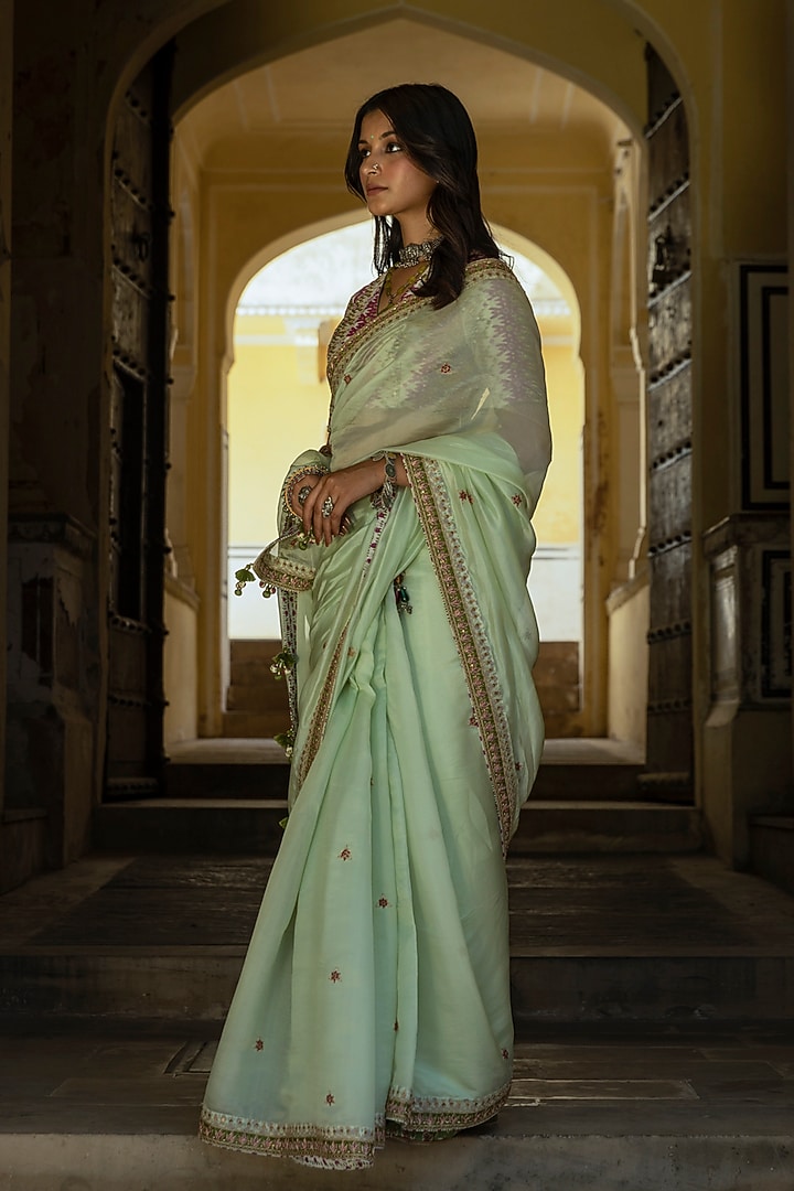Mint Green Hand Embroidered Wedding Saree Set by Punit Balana at Pernia's Pop Up Shop