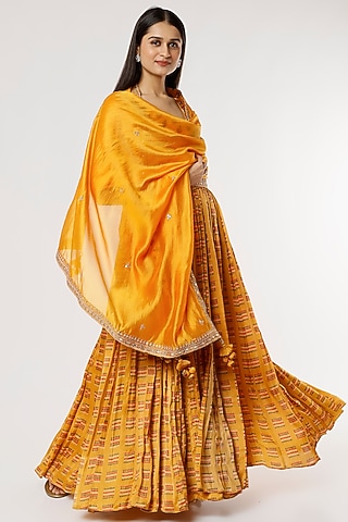 Mustard Printed Lehenga Set by Punit Balana