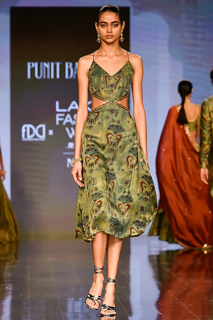 Deep Yellowish-Green Hand Block Printed Strappy Dress by Punit Balana