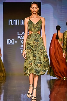 Deep Yellowish-Green Hand Block Printed Strappy Dress by Punit Balana-PUNIT BALANA