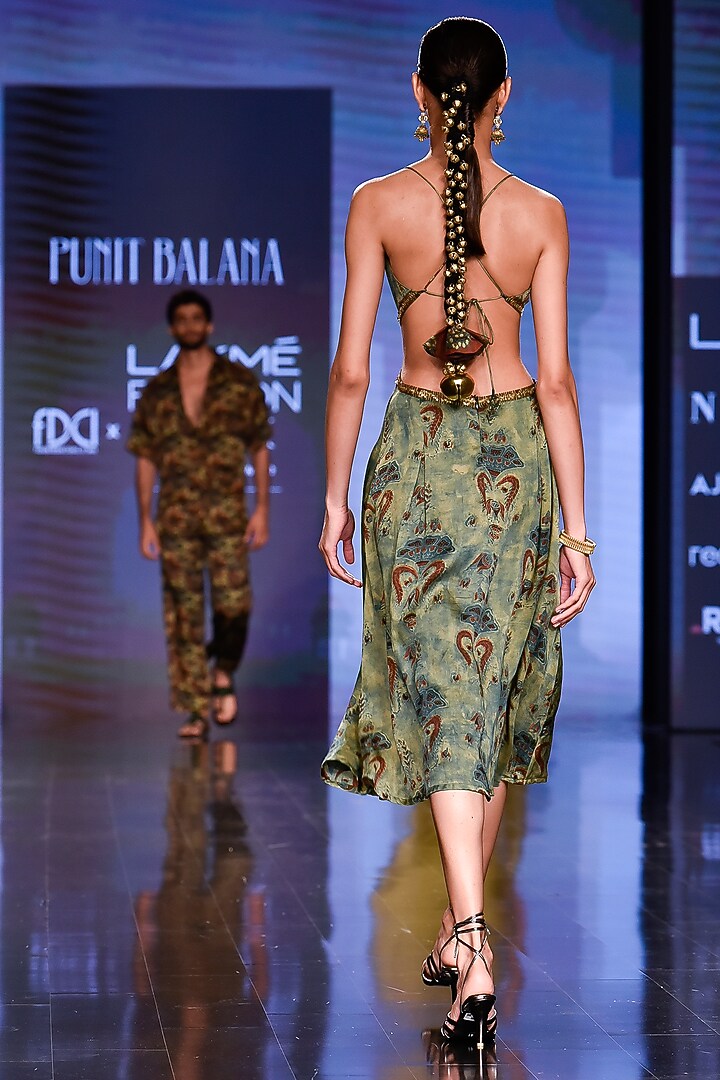 Deep Yellowish-Green Hand Block Printed Strappy Vacation Dress by Punit Balana at Pernia's Pop Up Shop