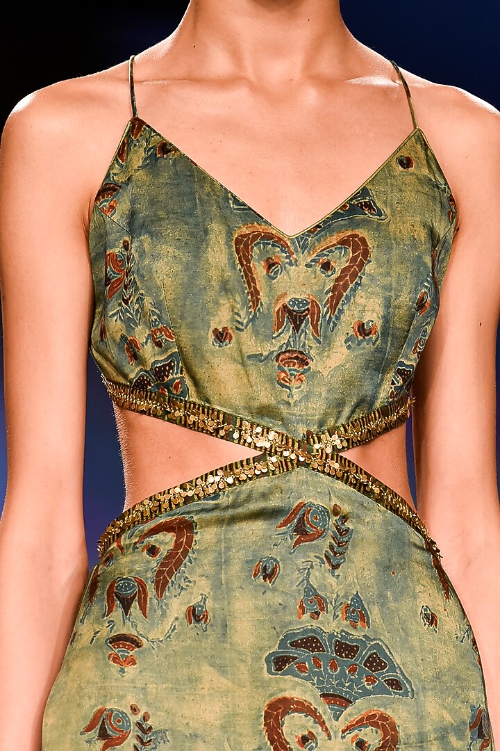 Deep Yellowish-Green Hand Block Printed Strappy Vacation Dress by Punit Balana at Pernia's Pop Up Shop