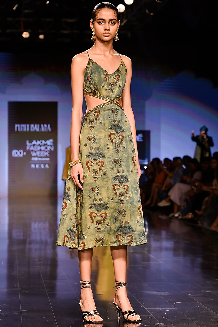 Deep Yellowish-Green Hand Block Printed Strappy Vacation Dress by Punit Balana at Pernia's Pop Up Shop