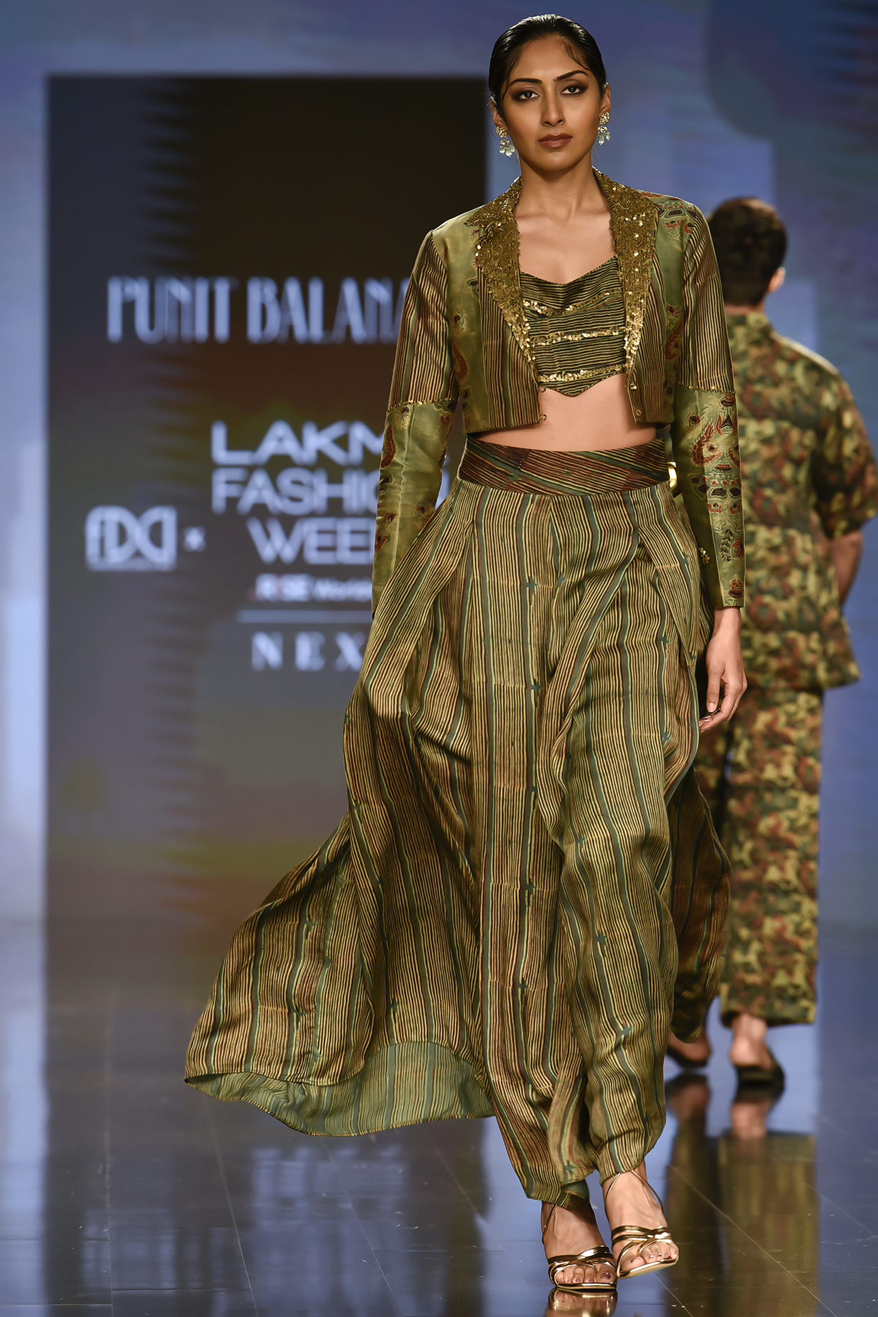 Deep Yellowish-Green Embroidered Short Jacket Set by Punit Balana at Pernia's Pop Up Shop