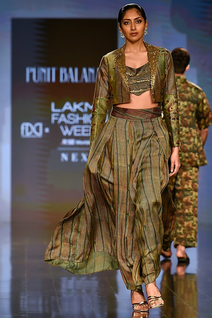 Deep Yellowish-Green Embroidered Short Jacket Set by Punit Balana at Pernia's Pop Up Shop