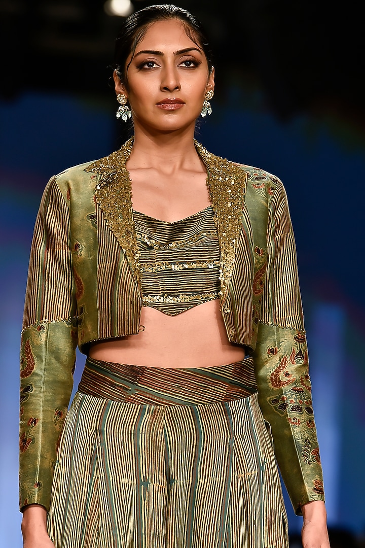 Deep Yellowish-Green Embroidered Short Jacket Set by Punit Balana at Pernia's Pop Up Shop