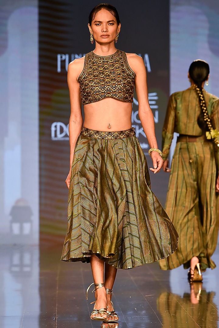 Deep Yellowish-Green Embroidered Skirt Set by Punit Balana at Pernia's Pop Up Shop