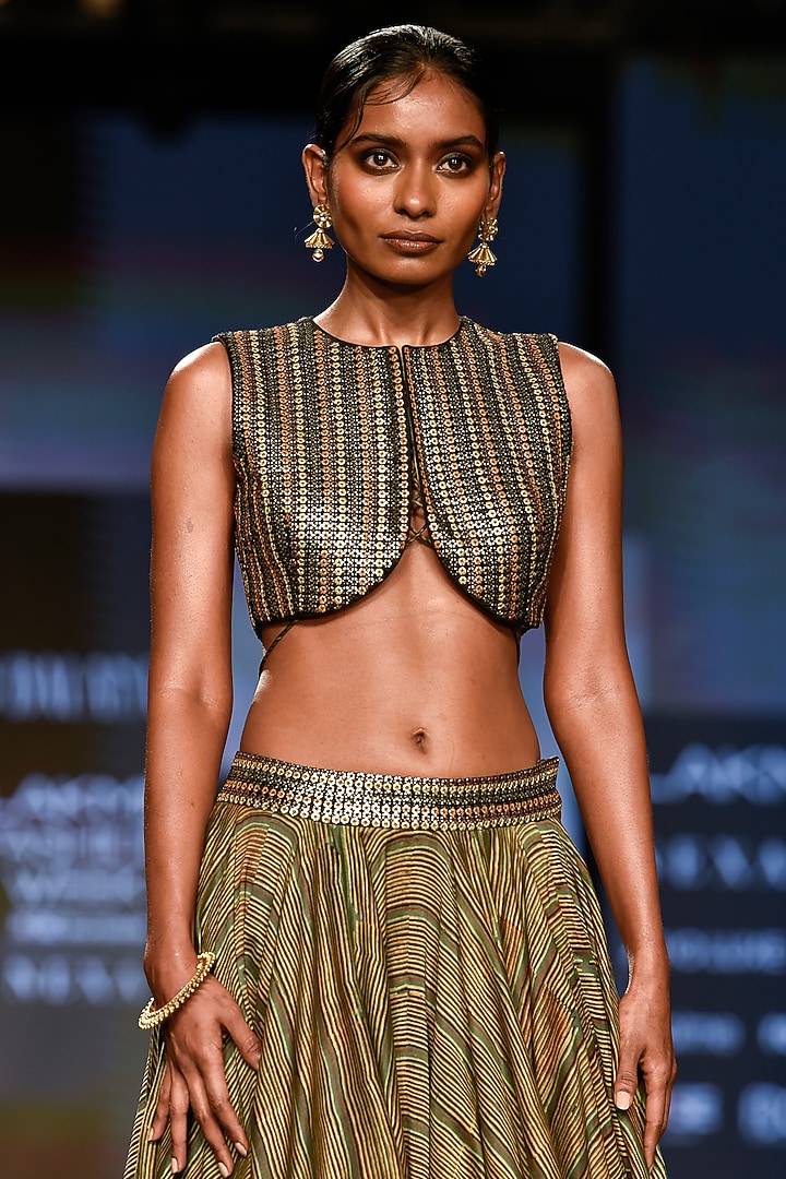 Deep Yellowish-Green Printed Skirt Set by Punit Balana at Pernia's Pop Up Shop