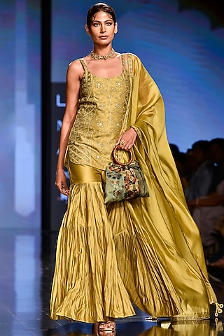 Dry Henna Green Chanderi Silk Gharara Set by Punit Balana