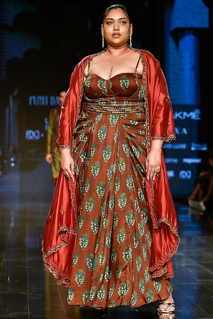 Brick Red Hand Block Printed Pleated Skirt Set With Cape by Punit Balana