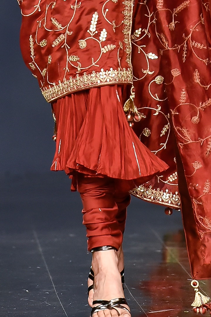 Brick Red Embroidered Wedding Anarkali Set by Punit Balana at Pernia's Pop Up Shop