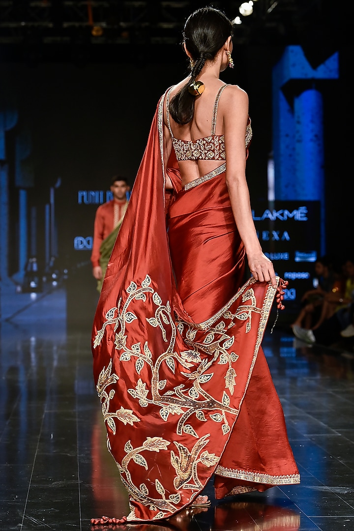 Brick Red Embroidered Wedding Saree Set by Punit Balana at Pernia's Pop Up Shop