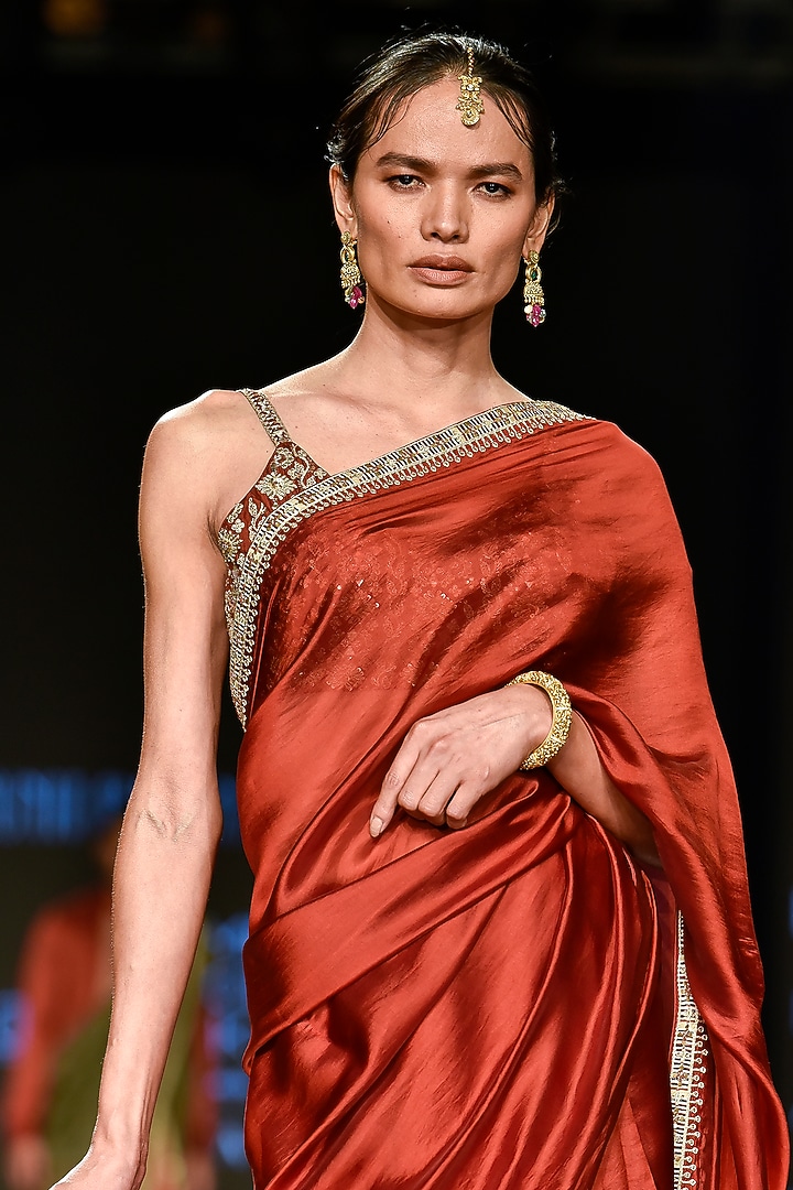 Brick Red Embroidered Wedding Saree Set by Punit Balana at Pernia's Pop Up Shop