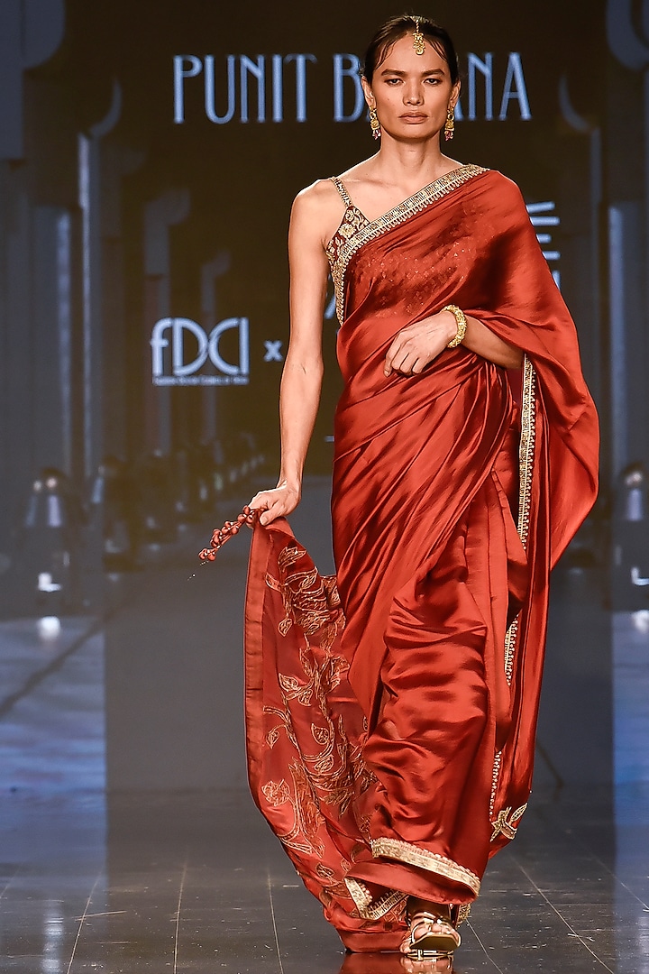 Brick Red Embroidered Wedding Saree Set by Punit Balana at Pernia's Pop Up Shop
