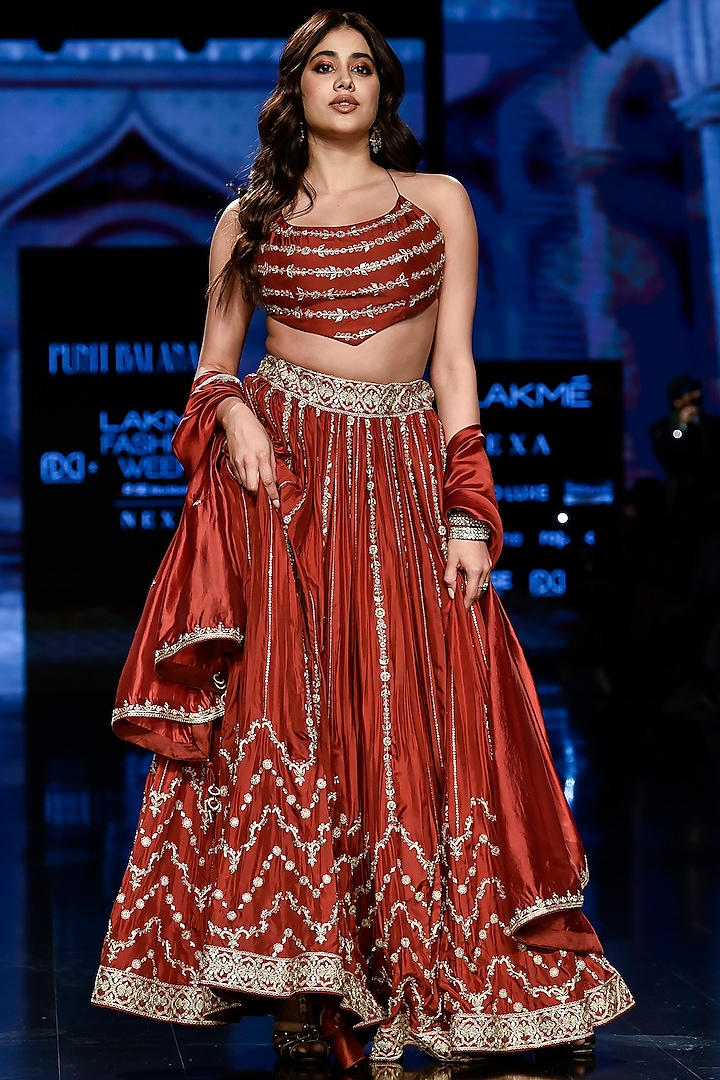 Brick Red Hand Embroidered Crushed Lehenga Set by Punit Balana