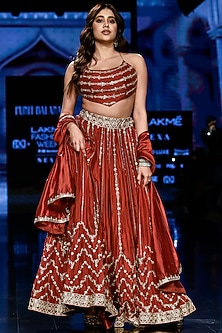 Brick Red Hand Embroidered Crushed Lehenga Set by Punit Balana-PUNIT BALANA