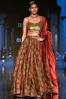 Brick Red Hand Block Printed Lehenga Set by Punit Balana-PUNIT BALANA