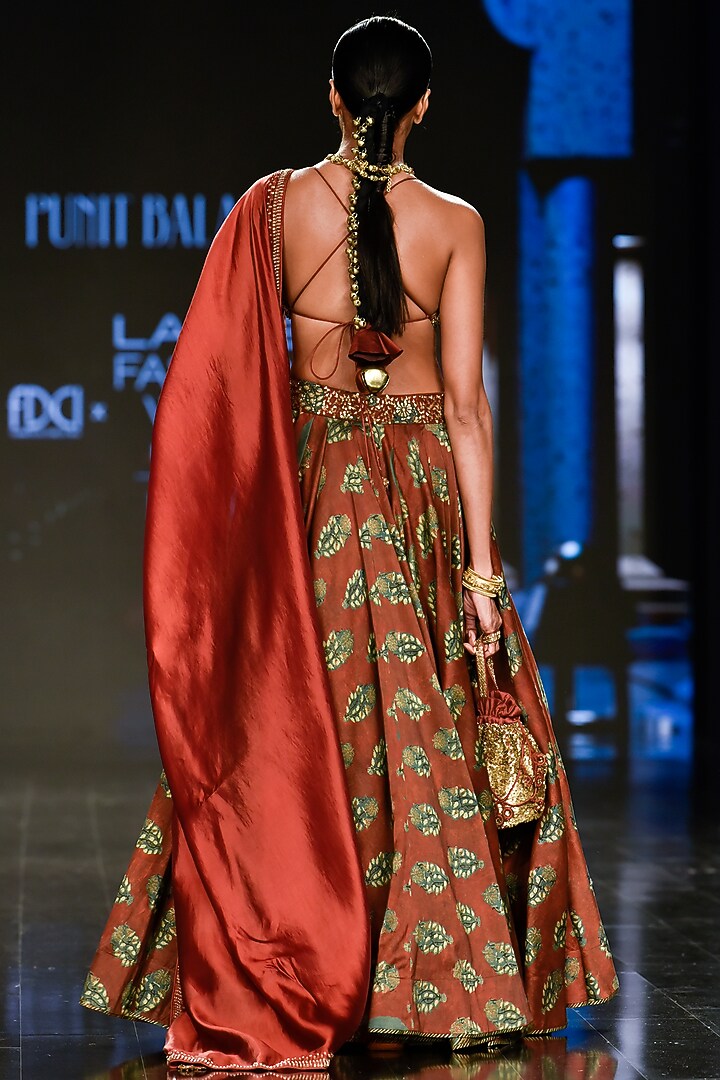 Brick Red Hand Block Printed Wedding Lehenga Set by Punit Balana at Pernia's Pop Up Shop