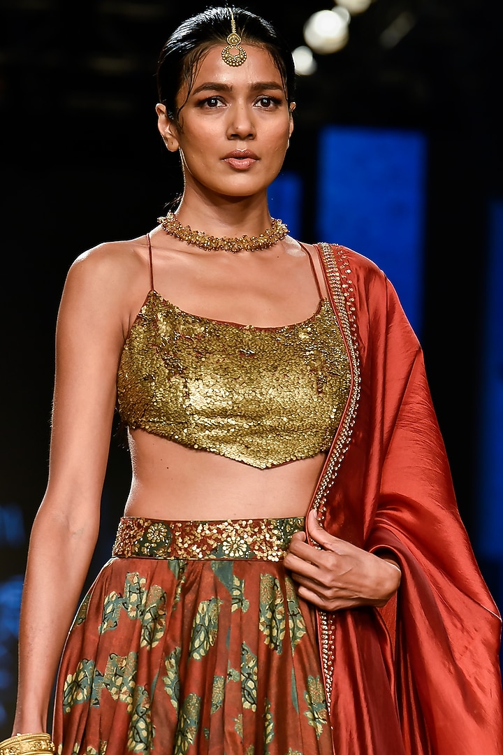 Brick Red Hand Block Printed Wedding Lehenga Set by Punit Balana at Pernia's Pop Up Shop