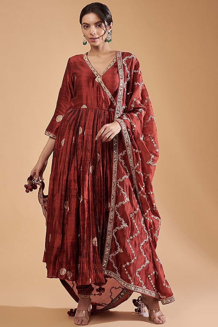 Brick Red Chanderi Silk Embroidered Anarkali Set by Punit Balana