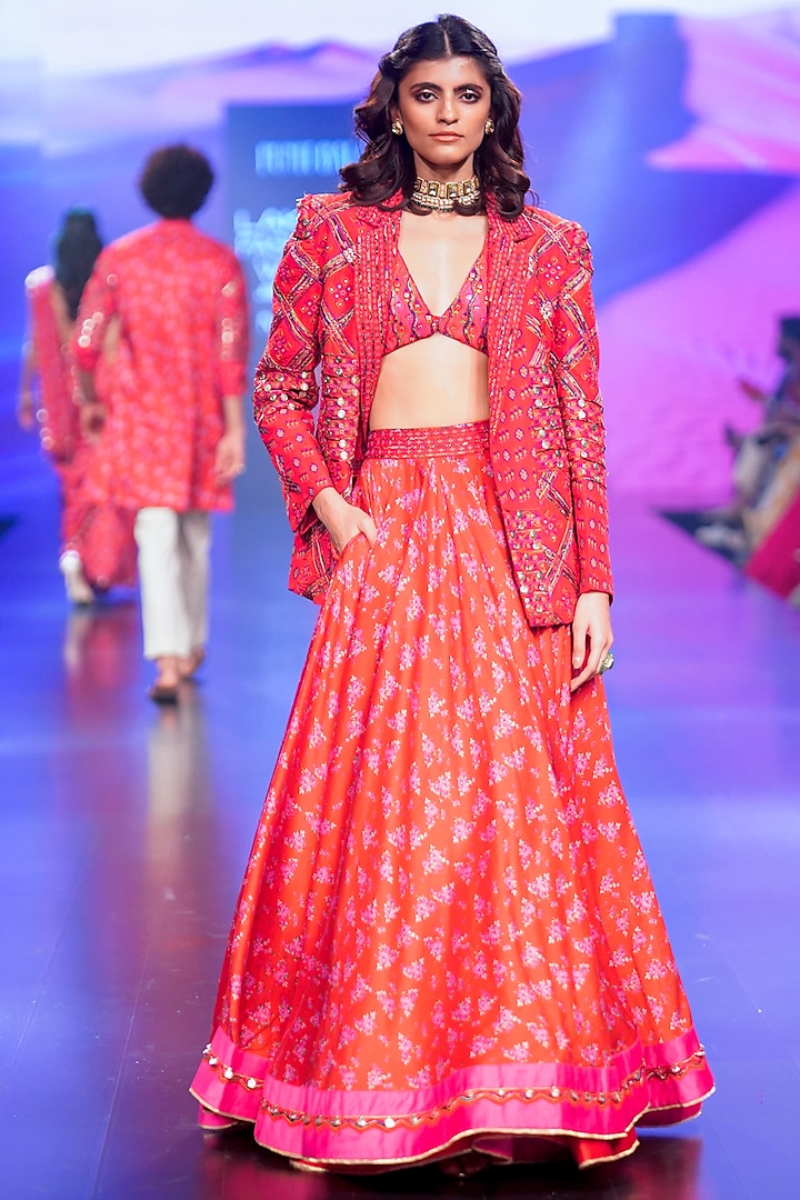 Red Silk Chanderi Printed & Embroidered Jacket Lehenga Set by Punit Balana