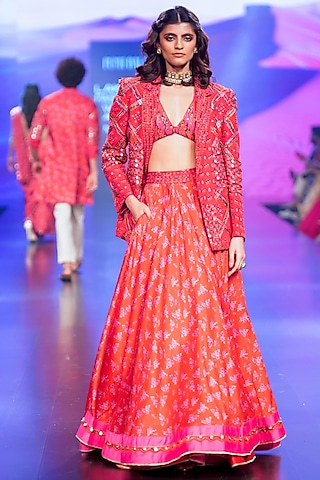 Red Silk Chanderi Printed & Embroidered Jacket Lehenga Set by Punit Balana