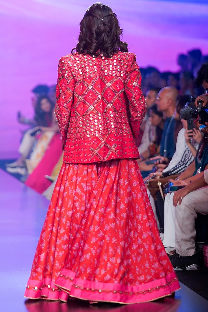 Red Silk Chanderi Printed & Embroidered Jacket Wedding Lehenga Set by Punit Balana at Pernia's Pop Up Shop