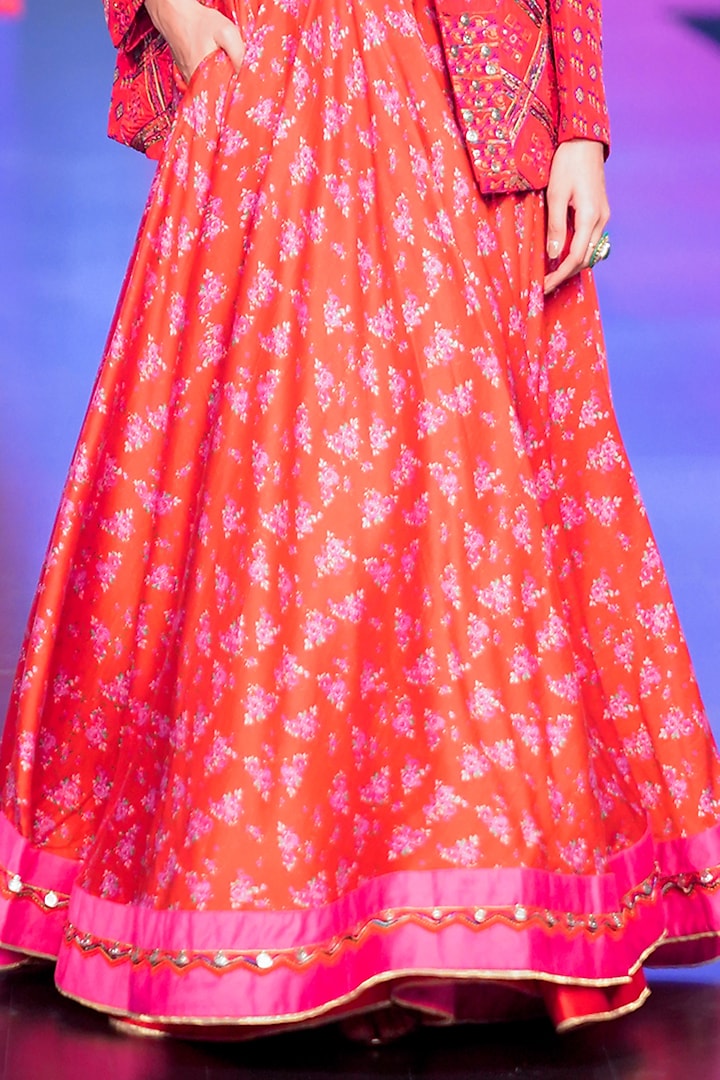 Red Silk Chanderi Printed & Embroidered Jacket Wedding Lehenga Set by Punit Balana at Pernia's Pop Up Shop
