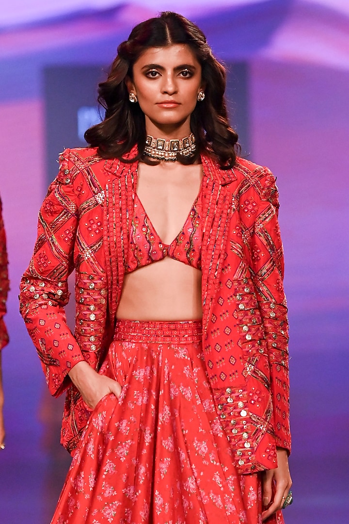 Red Silk Chanderi Printed & Embroidered Jacket Wedding Lehenga Set by Punit Balana at Pernia's Pop Up Shop