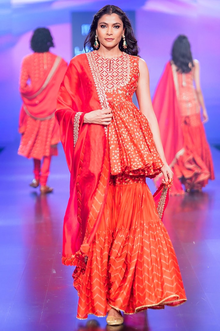 Red Silk Chanderi Gharara Set by Punit Balana