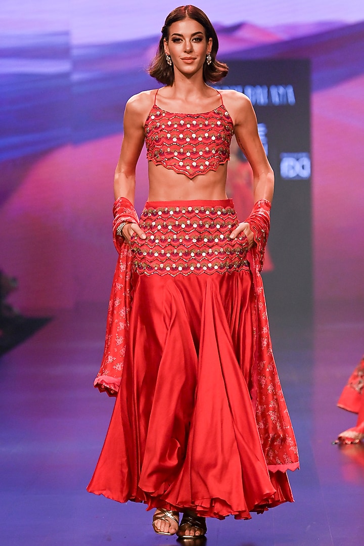 Red Silk Embroidered Skirt Set by Punit Balana at Pernia's Pop Up Shop