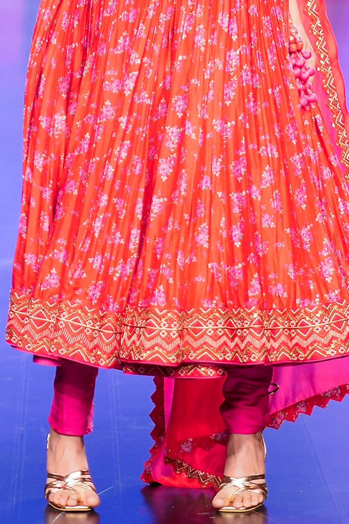 Red Chanderi Silk Printed & Embroidered Wedding Anarkali Set by Punit Balana at Pernia's Pop Up Shop