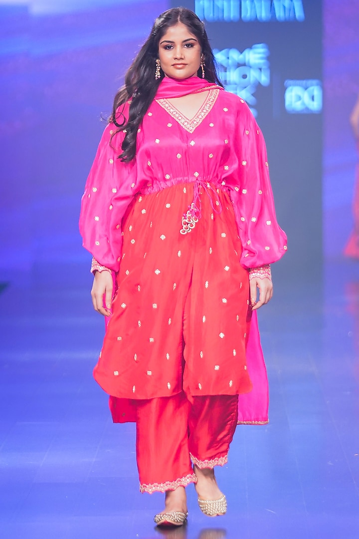 Red & Pink Silk Embroidered Tunic Set by Punit Balana at Pernia's Pop Up Shop
