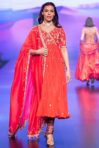 Red Silk Embroidered Angrakha Kurta Set by Punit Balana