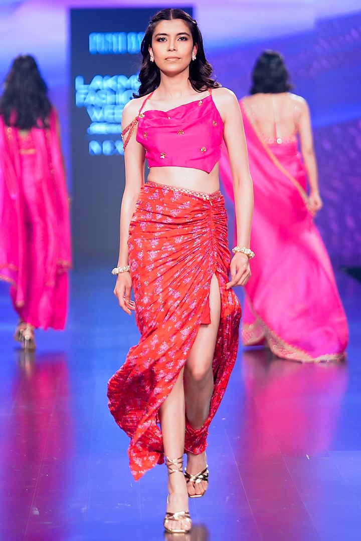 Red Silk Printed & Embroidered Draped Skirt Set by Punit Balana