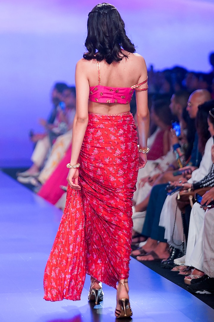 Red Silk Printed & Embroidered Draped Skirt Set by Punit Balana at Pernia's Pop Up Shop