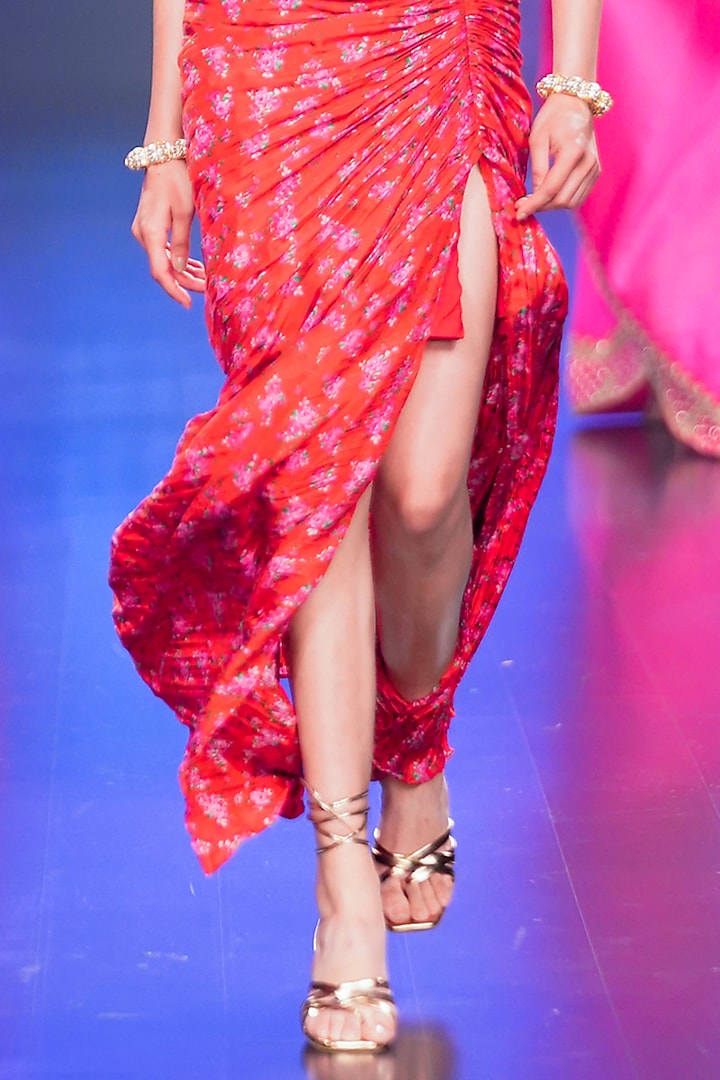Red Silk Printed & Embroidered Draped Skirt Set by Punit Balana at Pernia's Pop Up Shop