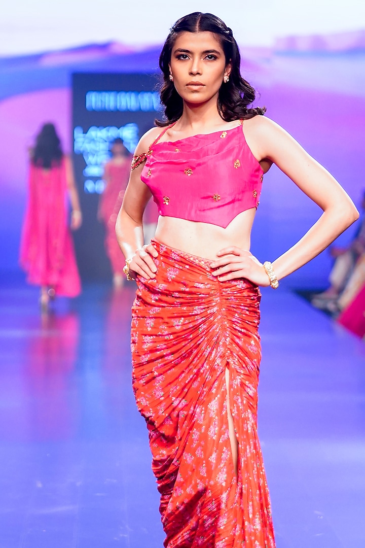 Red Silk Printed & Embroidered Draped Skirt Set by Punit Balana at Pernia's Pop Up Shop