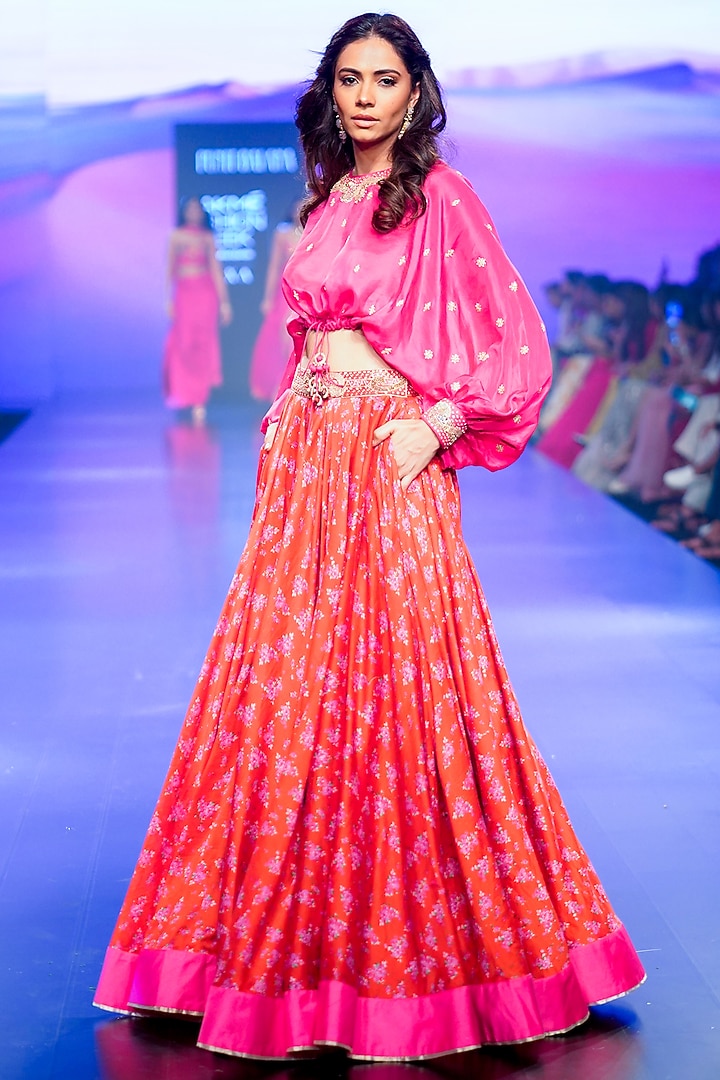Red Silk Chanderi Printed & Embroidered Skirt Set by Punit Balana at Pernia's Pop Up Shop