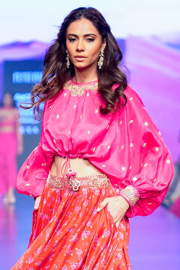 Red Silk Chanderi Printed & Embroidered Skirt Set by Punit Balana at Pernia's Pop Up Shop