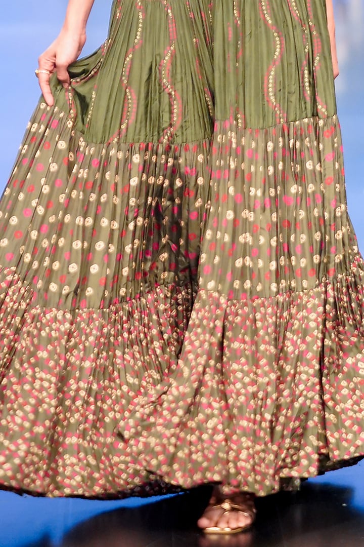 Green Satin Silk Printed & Embroidered Maxi Cocktail Dress by Punit Balana at Pernia's Pop Up Shop