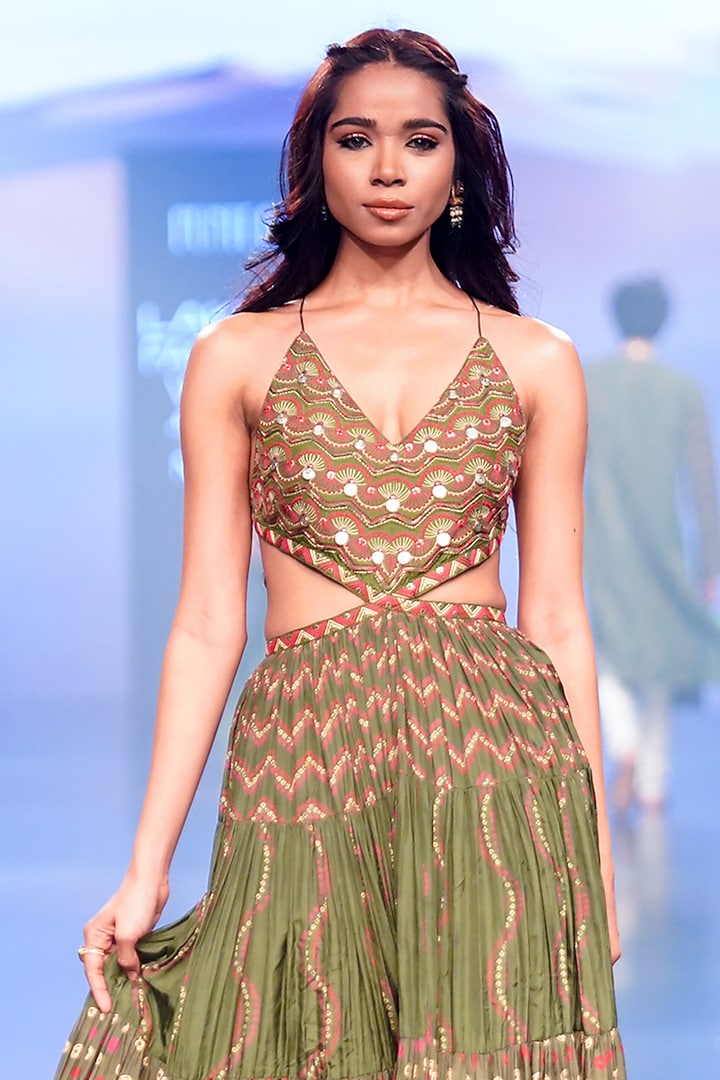 Green Satin Silk Printed & Embroidered Maxi Cocktail Dress by Punit Balana at Pernia's Pop Up Shop