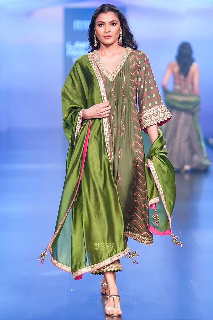 Green Silk Embroidered Anarkali Set by Punit Balana