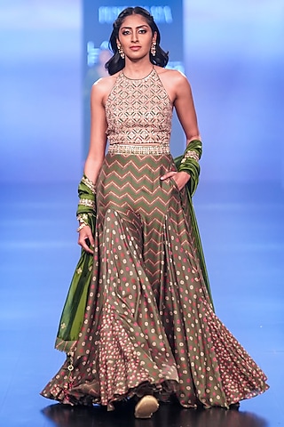 Green Chanderi Silk Printed Lehenga Set by Punit Balana