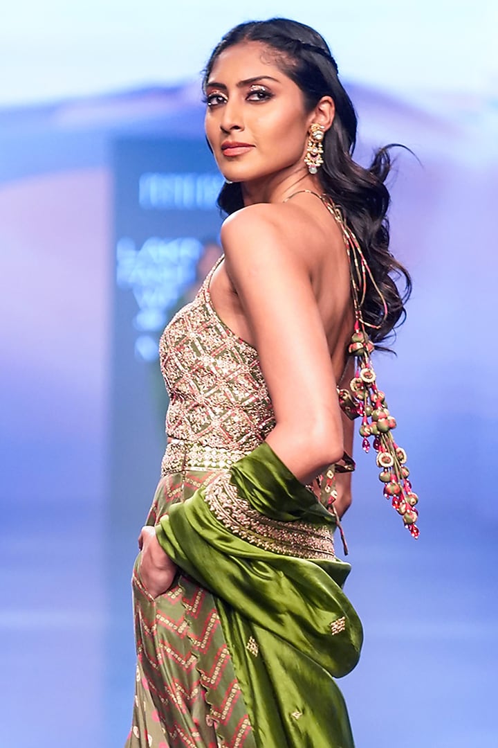 Green Chanderi Silk Printed Wedding Lehenga Set by Punit Balana at Pernia's Pop Up Shop