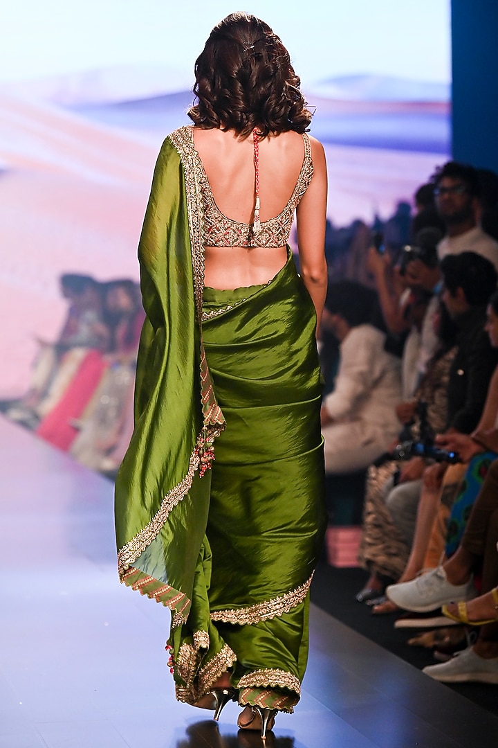 Green Organza Silk Hand Embroidered Wedding Saree Set by Punit Balana at Pernia's Pop Up Shop