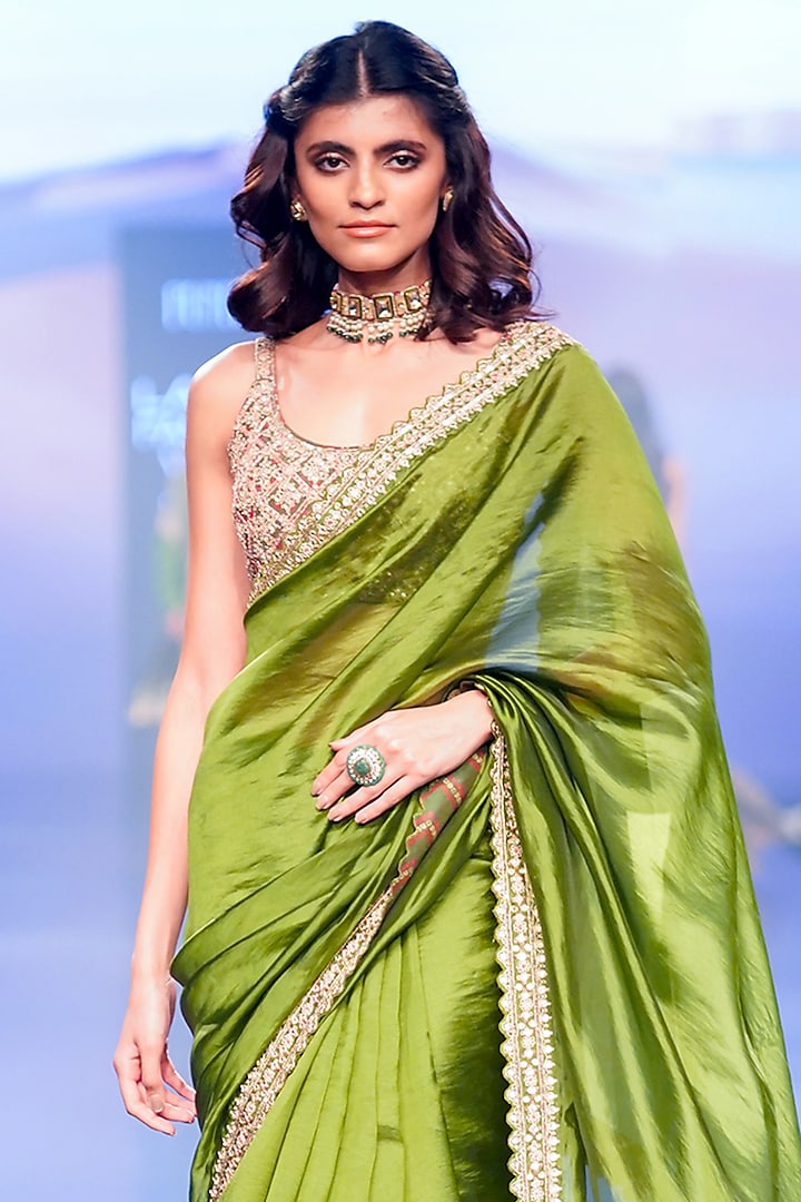 Green Organza Silk Hand Embroidered Wedding Saree Set by Punit Balana at Pernia's Pop Up Shop